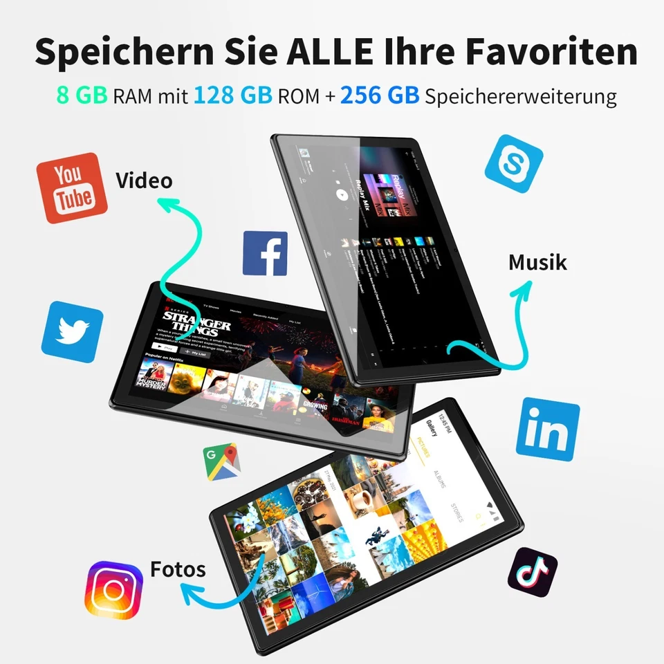 SGIN 10,1 Zoll Tablet 8GB RAM 128GB ROM Android 12 Octa-core 6000mAh Kamera GPS - Bild 3 von 4