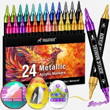 Pagather Metallic Acrylic Paint Markers, 24 Colors Dual Tip Pens Set