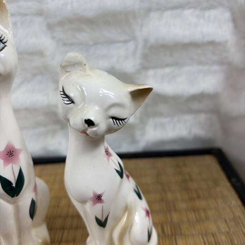 Statuine gatto siamese vintage metà secolo - coppia ceramica floreale - stile giapponese - Foto 4 di 10