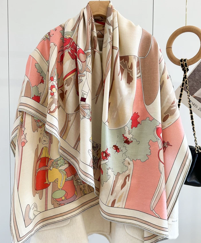 70% Cashmere 30% Silk Wrap Scarf Pink horse Print Double Face Print Shawl 53'' - Image 2 of 4