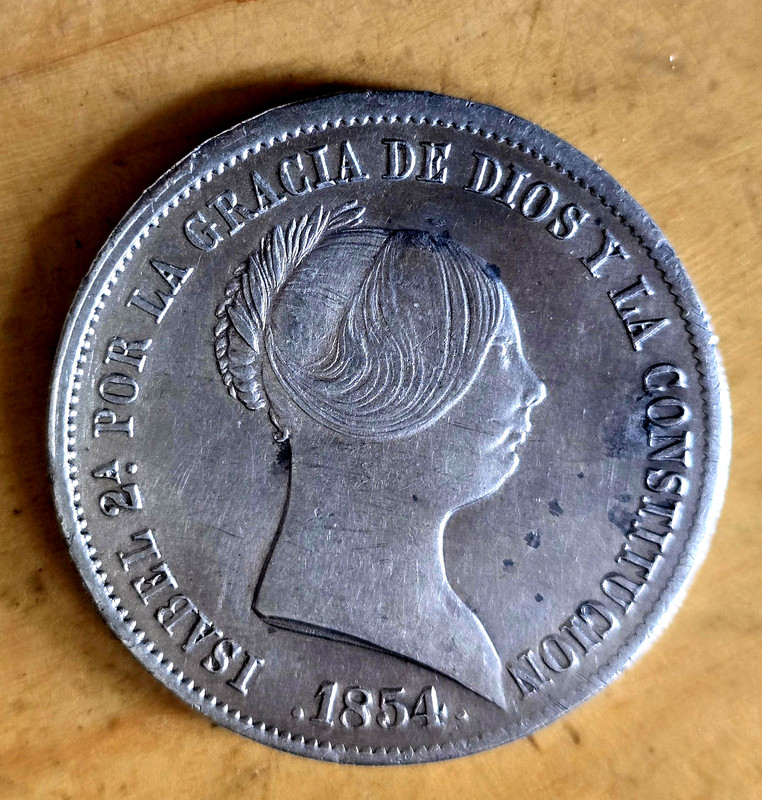1854 Spain 20 Reales Silver Crown Coin Queen Isabella II XF to AU