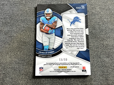 Jahmyr Gibbs /99 RC patch auto RPA LIONS prizm 2023 panini