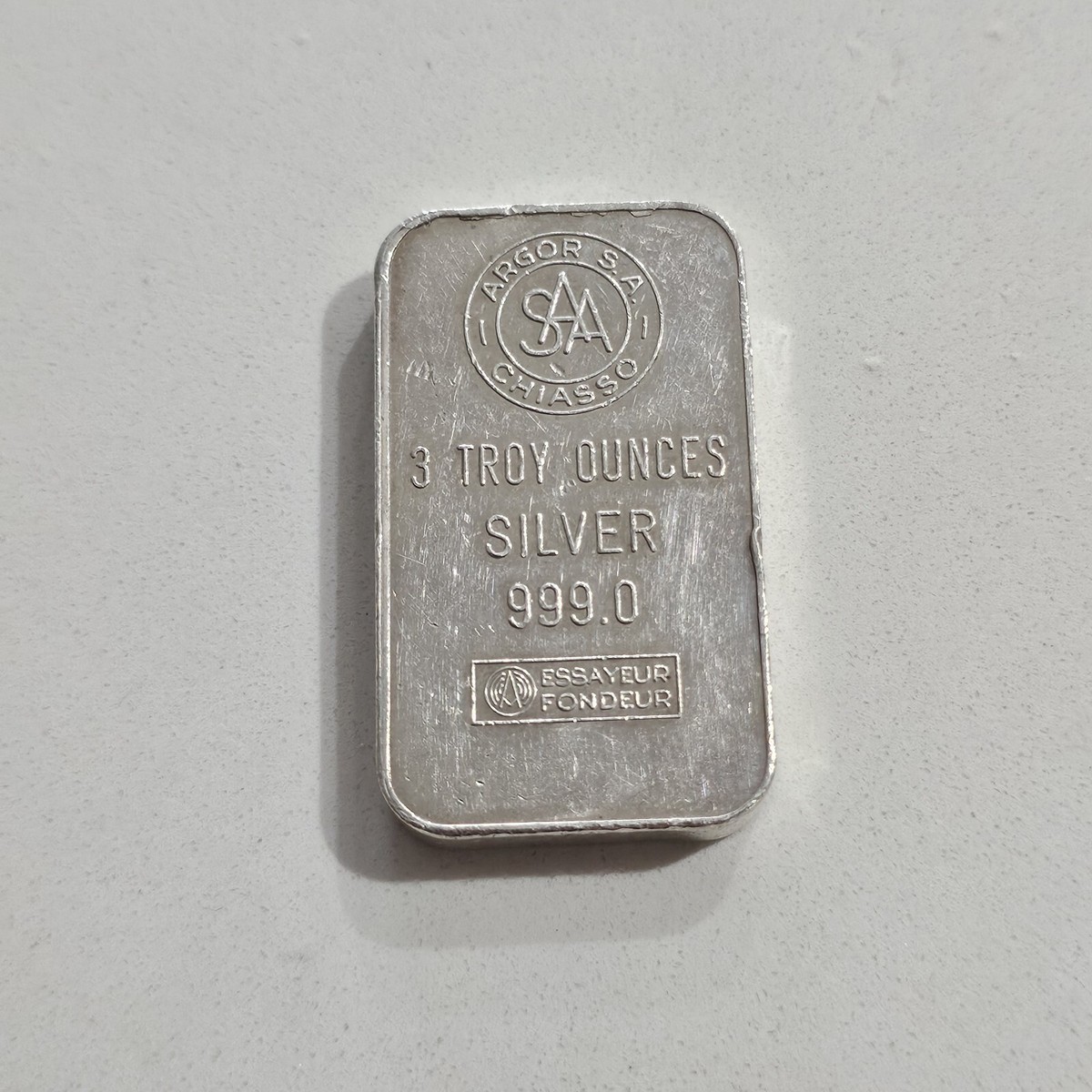 3 Oz Fine Silver Bullion (.999) Vintage Bar - ARGOR S.A. CHIASSO