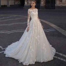 Elegant A-Line Wedding Dresses High Neck Long Sleeves Lace Appliques Bridal Gown