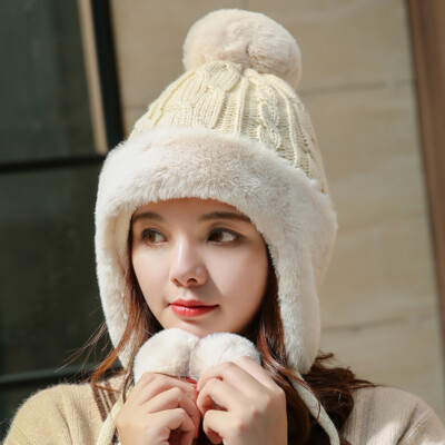 Damen Gestrickt Pudelmütze Ohr Klappe Beanie Pom Kappe Winter Warm Pelzrand