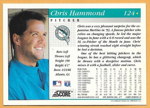 CHRIS HAMMOND FLORIDA MARLINS #124 - Puntuación Casi Nuevo - Como Nuevo 1994 - Imagen 2 de 2
