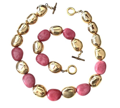 RALPH LAUREN PINK NATURAL STONE GOLD PLATE MODERN BEADED NECKLACE BRACELET SET