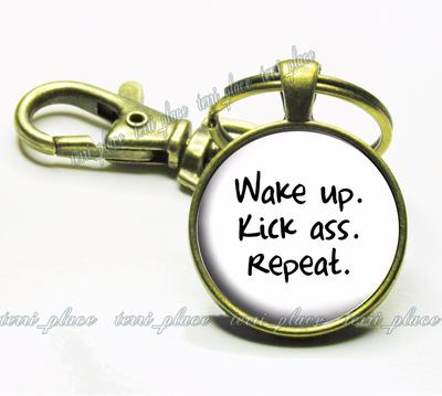 Wake Up. Kick Ass. Repeat. Motivational Fitness Quote Glass Bronze Key Chain
