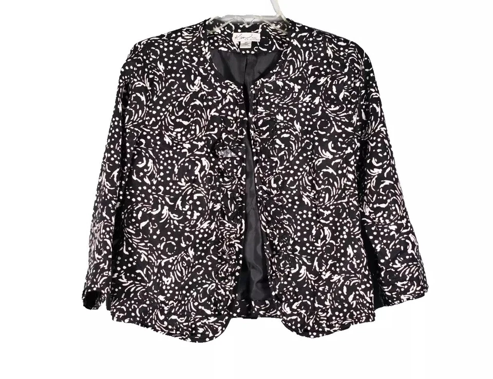 Chaqueta Blazer Kim Rogers Petite Mujer Lino Negro Blanco Paisley Volantes PS Foto 2 de 4