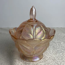 Vintage L. E. Smith Iridescent Pink Carnival Glass Cabbage Leaf Candy Dish