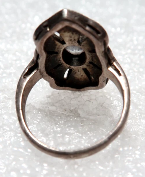 CRISTAL DE PLATA ESTERLINA ART DECO VINTAGE CON ANILLO BANDA DE MARCASITA ~ TALLA 6,75 Foto 3 de 4