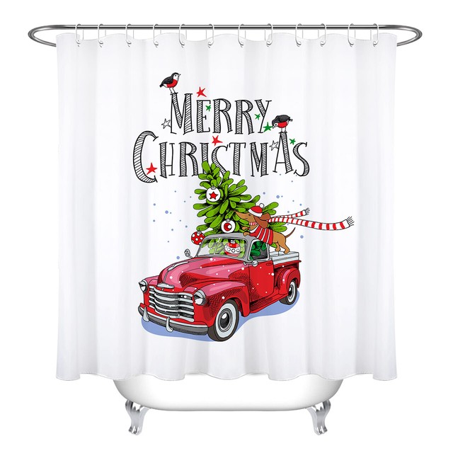 Merry Christmas Farm Red Truck Birds Fabric Shower Curtain