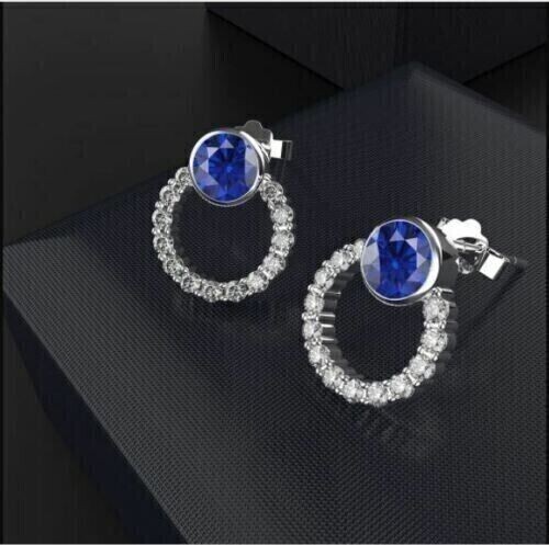 2Ct Round Simulated Blue Sapphire & Diamond Stud Earrings 14k White Gold Plated - Picture 4 of 5
