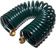 FUNJEE 50FT Lightweight EVA Coil Garden Hose - Solid Brass Fittings, Green