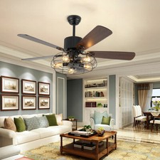 52" Ceiling Fan With Light Cage Rustic LED Chandelier Light 5-Blades with Remote