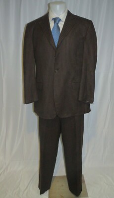 Dunhill Chocolate Brown Bold Stripe Flat Front Three Button Suit 44L