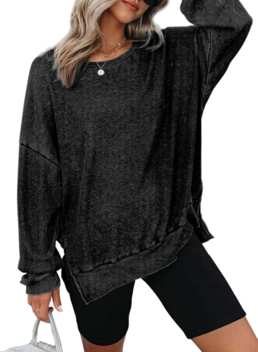 Womens Oversized Waffle Knit Crewneck Sweatshirts Long Sleeve Side Slits Casual