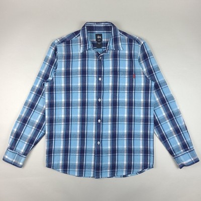 Stussy Flannel Shirt Mens Medium Plaid Blue Button Up Skate Long