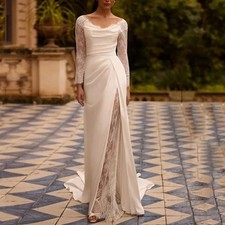 Luxury V Neck Wedding Dresses Lace Applique Side Slit Long Sleeve Satin Gown