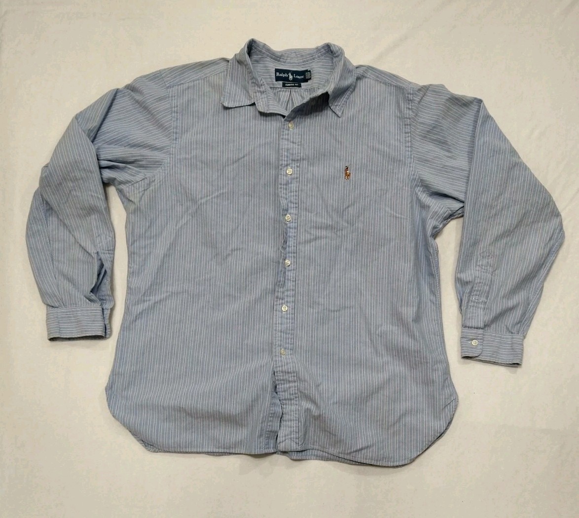 Ralph Lauren Flesh Pony camicia uomo XL blu a righe casual manica lunga abbottonata