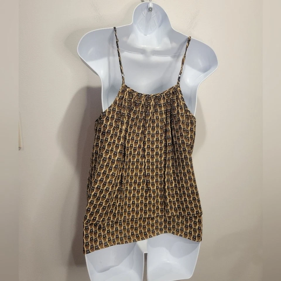 Joie S 码 100% 真丝金色灰褐色猫头鹰印花可调肩带背心 — 第 4/4 张图片