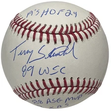 Terry Steinbach Signed ROMLB Stat Baseball w/ 4 Insc Beckett Witness BAS COA A's