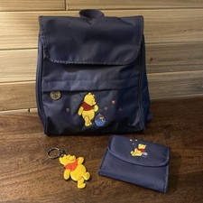 Vintage Disney Winnie the Pooh Navy Nylon Backpack, Wallet, Keychain Set