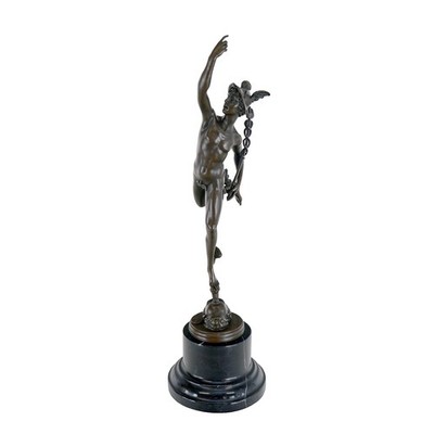 Bronzeskulptur Merkur mit Hermesstab in Bronze auf Marmorsockel H: 43 cm -11874-