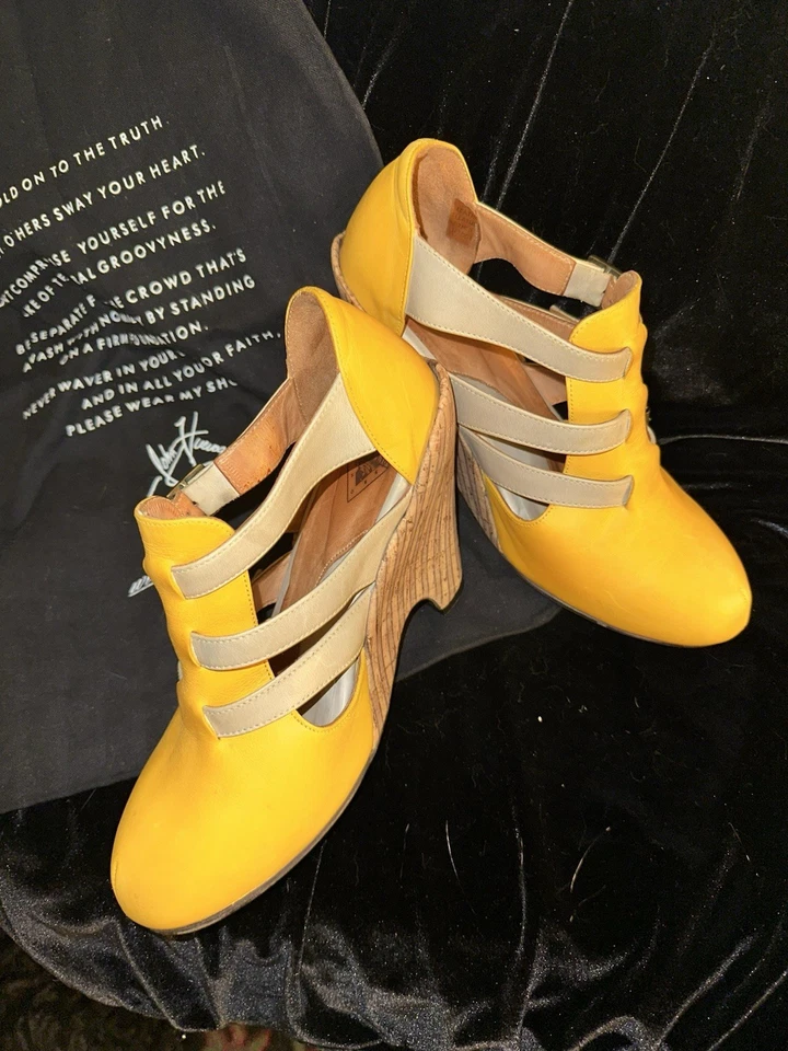 Zapatos de Tacón Alto Farrah John Fluevog Vintage Cuero Amarillo y Corcho Foto 4 de 4