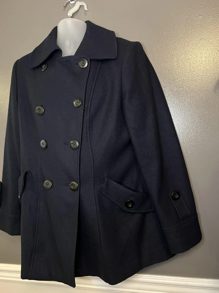 Chadwicks Coat Womens 14P Petite Navy Wool Blend Pea Coat Double Breasted Lined - Image 3 of 4