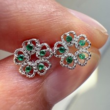 925 Sterling Silver Earrings 1mm Green Natural Emerald Gemstone Flower Stud Gift