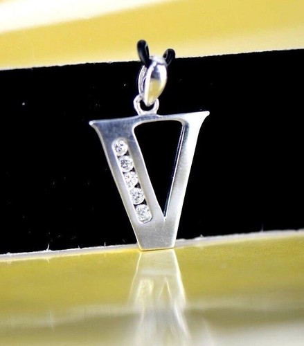 14k Solid White Gold Initial Letter CZ Pendant - Picture 32 of 36