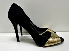 Coach Lytton A4515 women size 8 B black suede/gold leather open toe stilettos