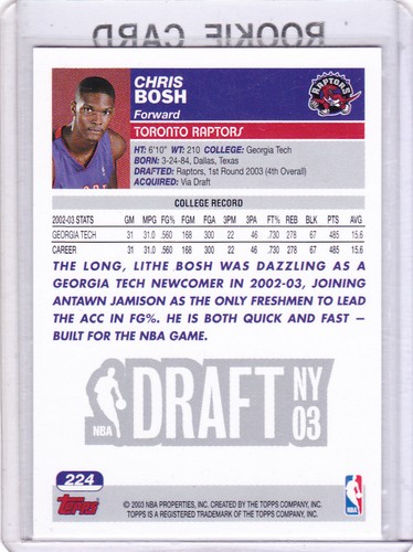 Chris Bosh RC 2003 Topps COLLECTION ROOKIE CARD Toronto Raptors Miami Heat - Picture 2 of 2