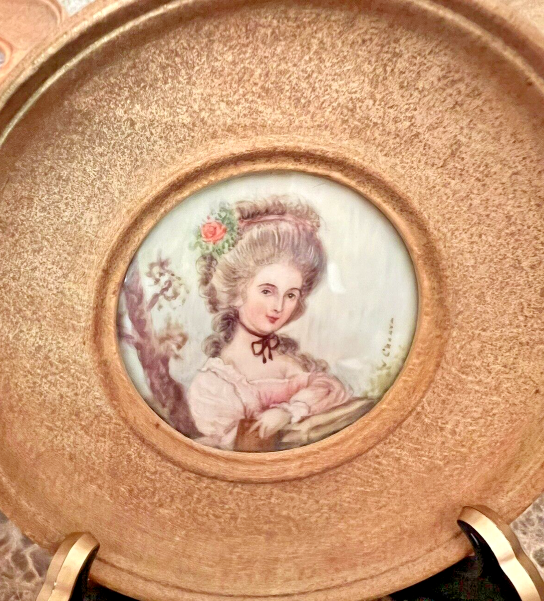 Pair VTG/Antique France Painted Portrait Lady Signed Convex Gold