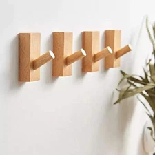  Adhesive Wall Hooks Hat Rack, Wooden Coat Hooks Wall 4Pack Rectangle-Beech