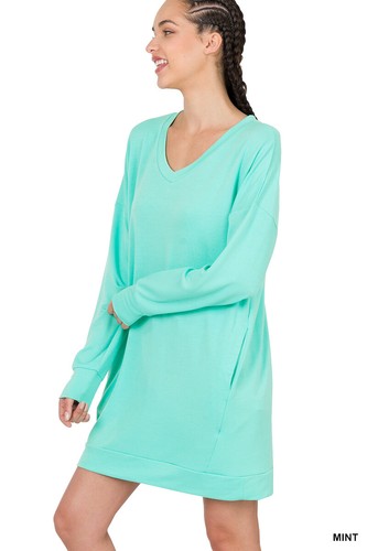 Women Round or V Neck Oversized Long Sweatshirt Loose Warm Fleece Top w/ Pockets - Picture 32 of 32