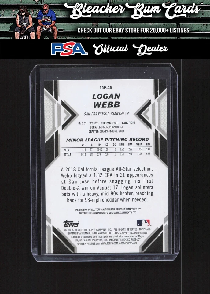 2019 Bowman Platinum TOP-30 Logan Webb RC Auto - Image 2 of 2