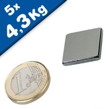 5 x Quadermagnet / Magnetquader 20 x 20 x 3mm Neodym N45, Nickel - 4,3 kg