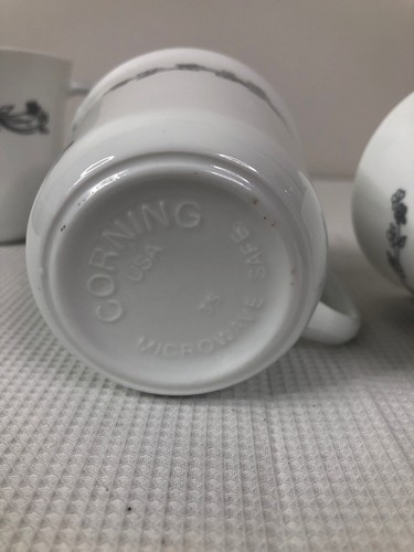 Vintage Corning Coffee Tea Cup Mug White With Gray Flowers Ribbon USA Set 3 - Picture 5 of 12