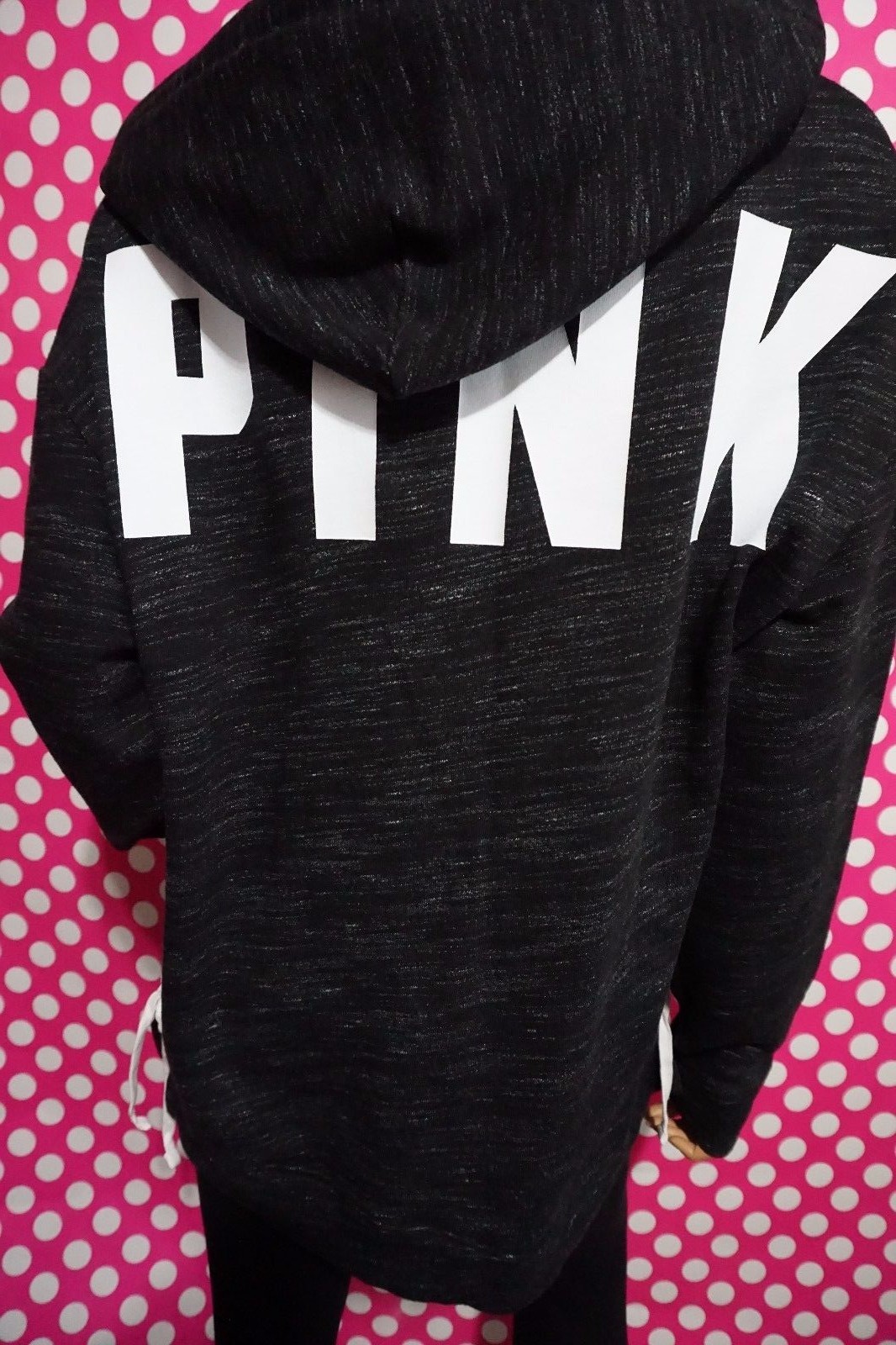 .VICTORIA'S SECRET PINK NO ZIP HOODIE SWEATSHIRT BLACK MARL SIDE SLIT M RARE image 7