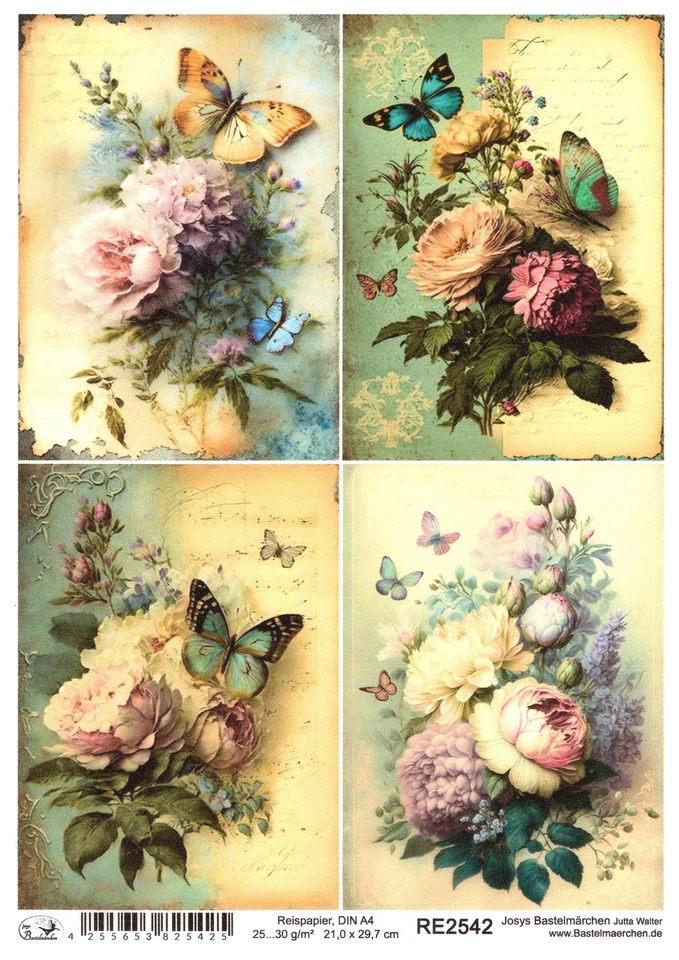 JOSYS BASTELMÄRCHEN Papel de arroz A4 seda de paja decoupage vintage carta flores mariposa RE2542