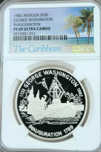1982 ANTIGUA SILVER 30 DOLLARS GEORGE WASHINGTON NGC PF 69 ULTRA CAMEO SCARCE