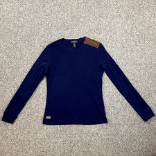 LRL Lauren Jean Co Sweater Womens Meduim Blue Fine Knit Pullover Faux Suede Trim