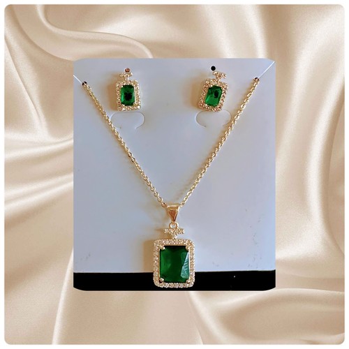 Conjunto de joyería colgante y pendientes de cadena de piedra circonita verde chapado en oro de 14k para mujer regalo - Imagen 9 de 10