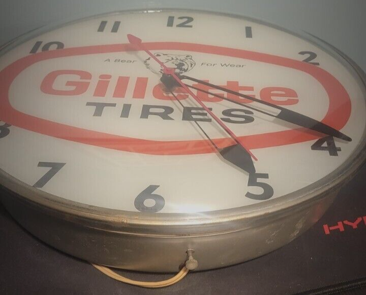 Vintage Gillette Tires Pam Clock Co Bear Gas Oil Station Sign Hanging