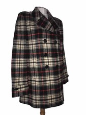 Aspesi Black-grey-red-beige Check Collared Button Front Wool Blend Coat Size L