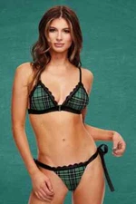 Crotchless Teacher's Pet Green Plaid Schoolgirl Bra and Side Tie Thong Set S/M