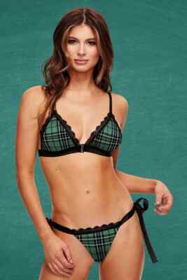 Crotchless Teacher's Pet Green Plaid Schoolgirl Bra and Side Tie Thong Set M/L