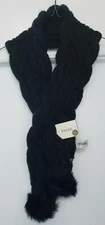 Fossil Women’s Tatum Pull Through Cable Knit  Faux Fur Pom Pom Scarf-Black-NWT